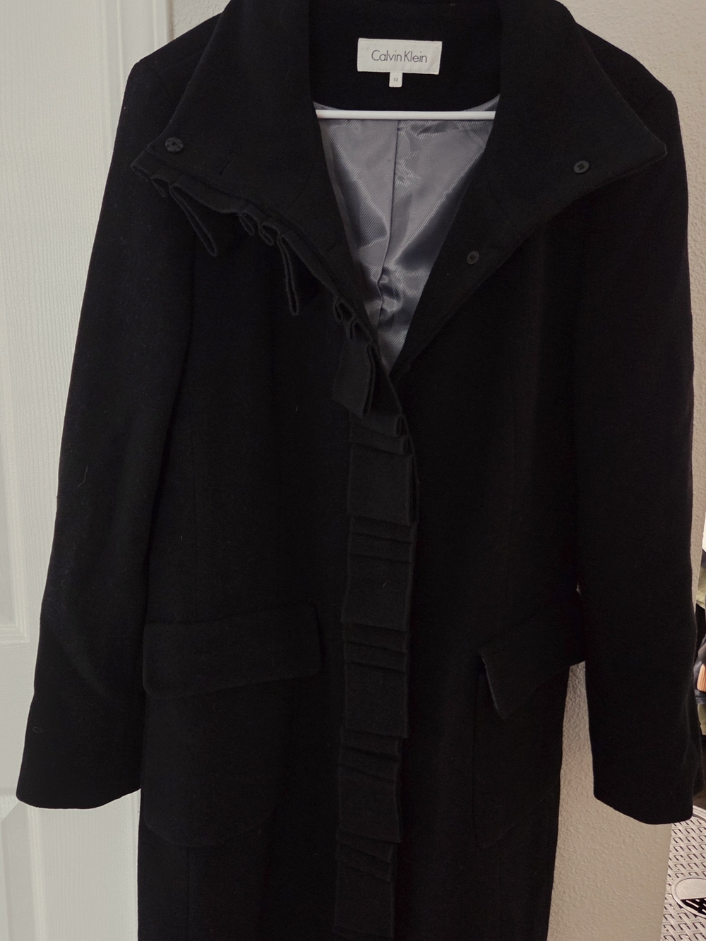Calvin Klein Black Wool-Blend Pea Coat with Ruffled Placket